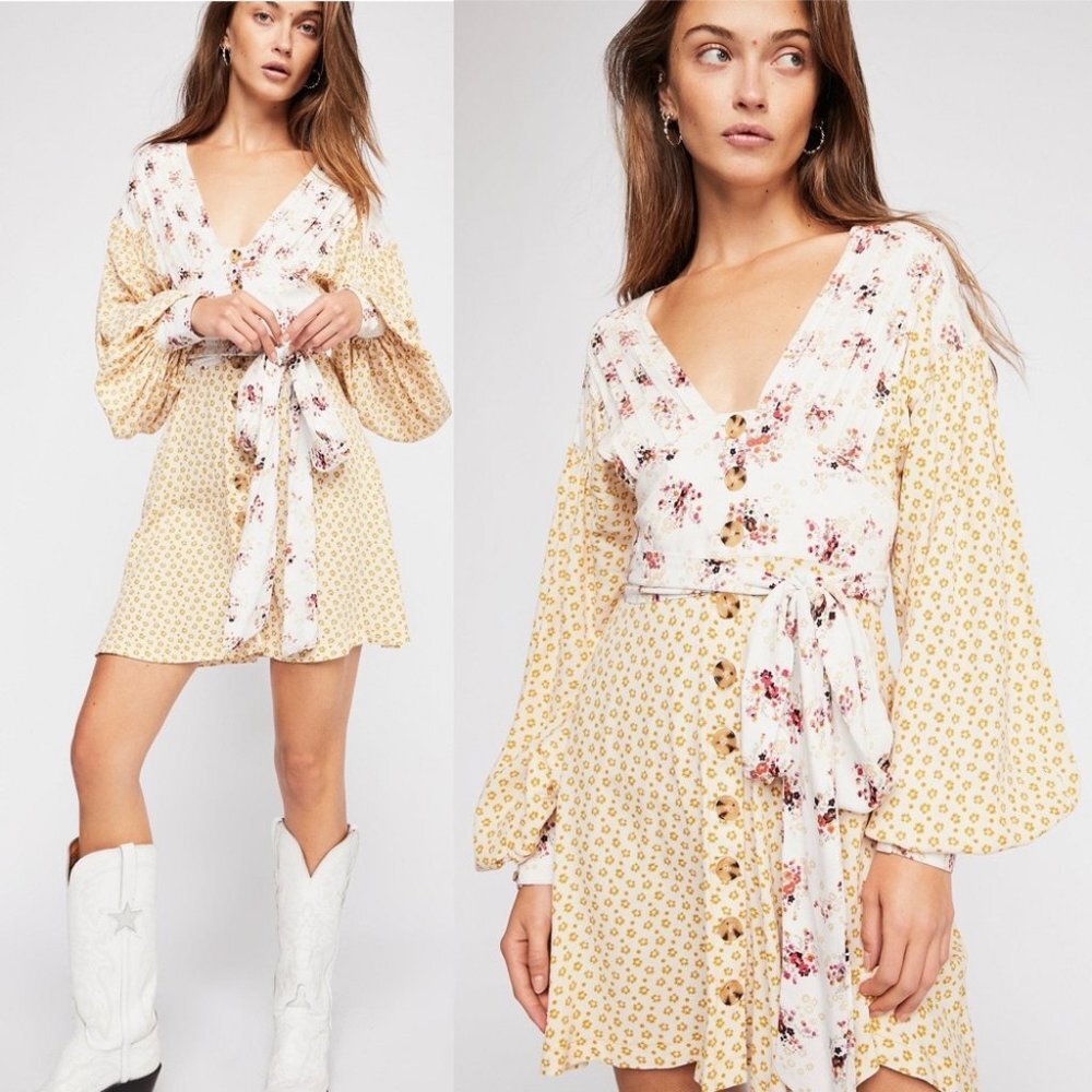 Free People Wonderland Mini Dress Button Down Tie‎ Waist Floral Size XS Bohemian